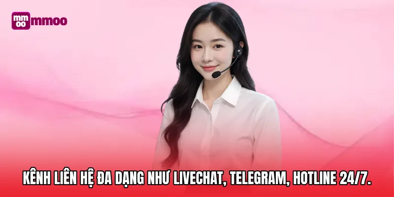 Kênh liên hệ đa dạng như Livechat, Telegram, Hotline 24/7
